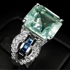 8ct Aquamarine Sapphire silver ring 925 blue sapphire white sapphire